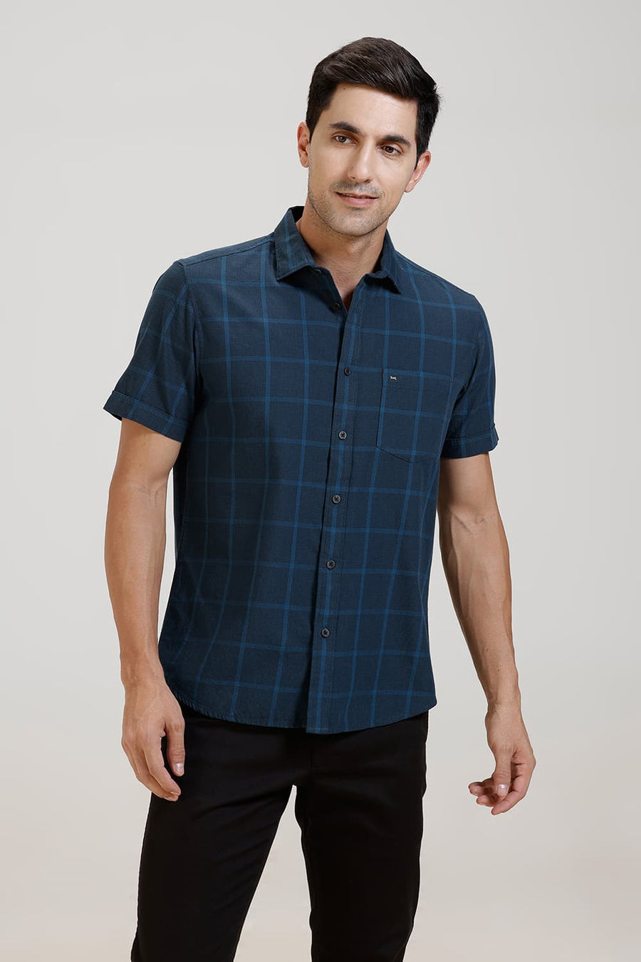 BASICS SLIM FIT LEGION NAVY TWILL CHECKS HALFSLEEVES SHIRT