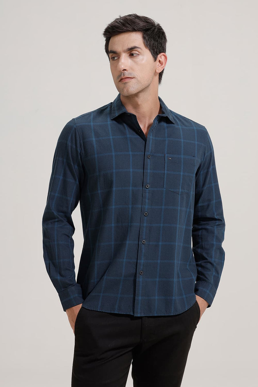 BASICS SLIM FIT LEGION NAVY TWILL CHECKS SHIRT
