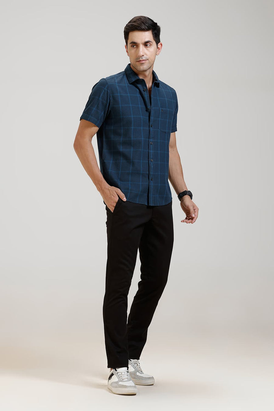BASICS SLIM FIT LEGION NAVY TWILL CHECKS HALFSLEEVES SHIRT