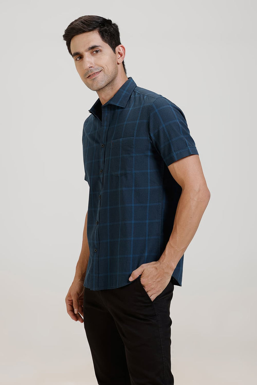 BASICS SLIM FIT LEGION NAVY TWILL CHECKS HALFSLEEVES SHIRT