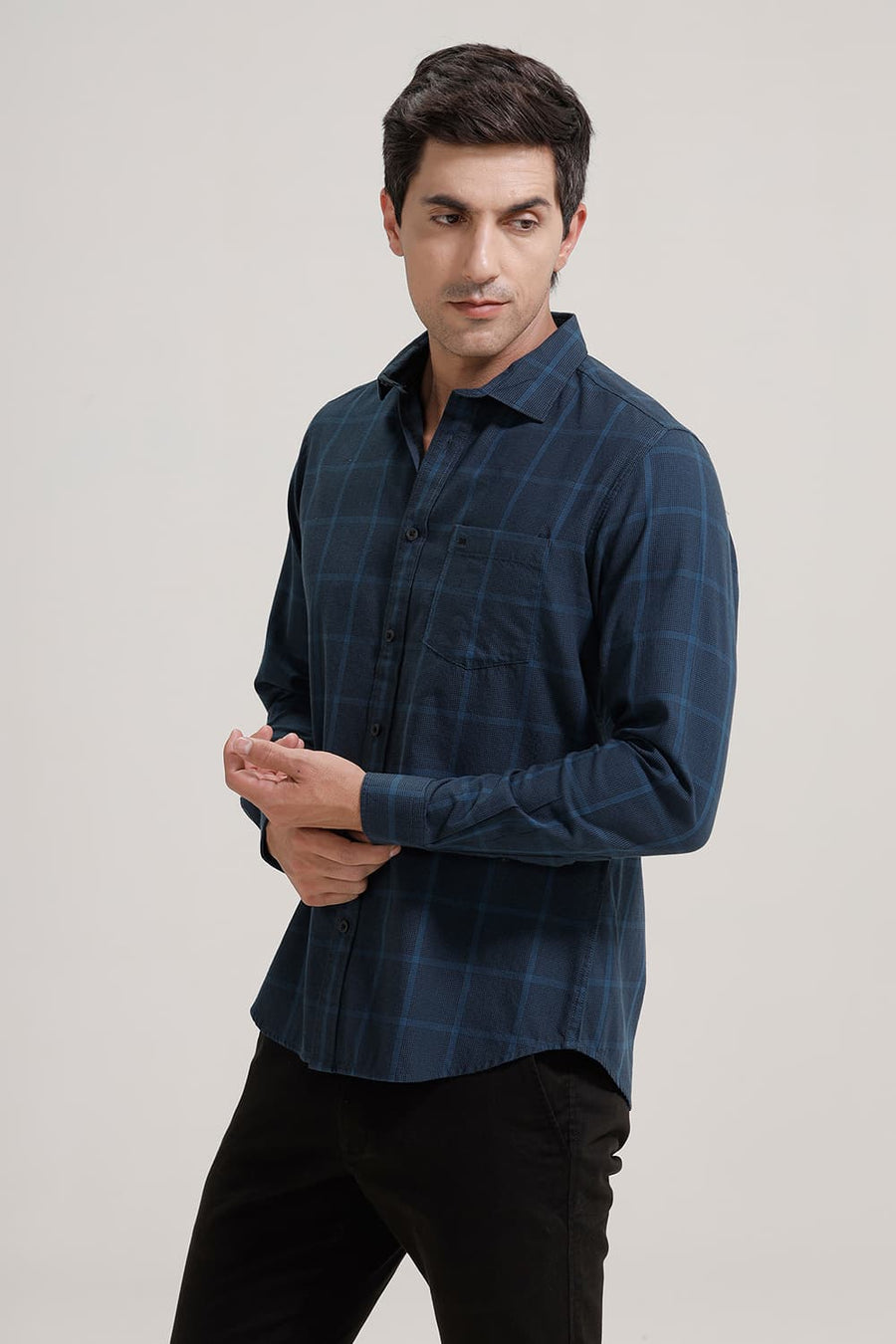 BASICS SLIM FIT LEGION NAVY TWILL CHECKS SHIRT
