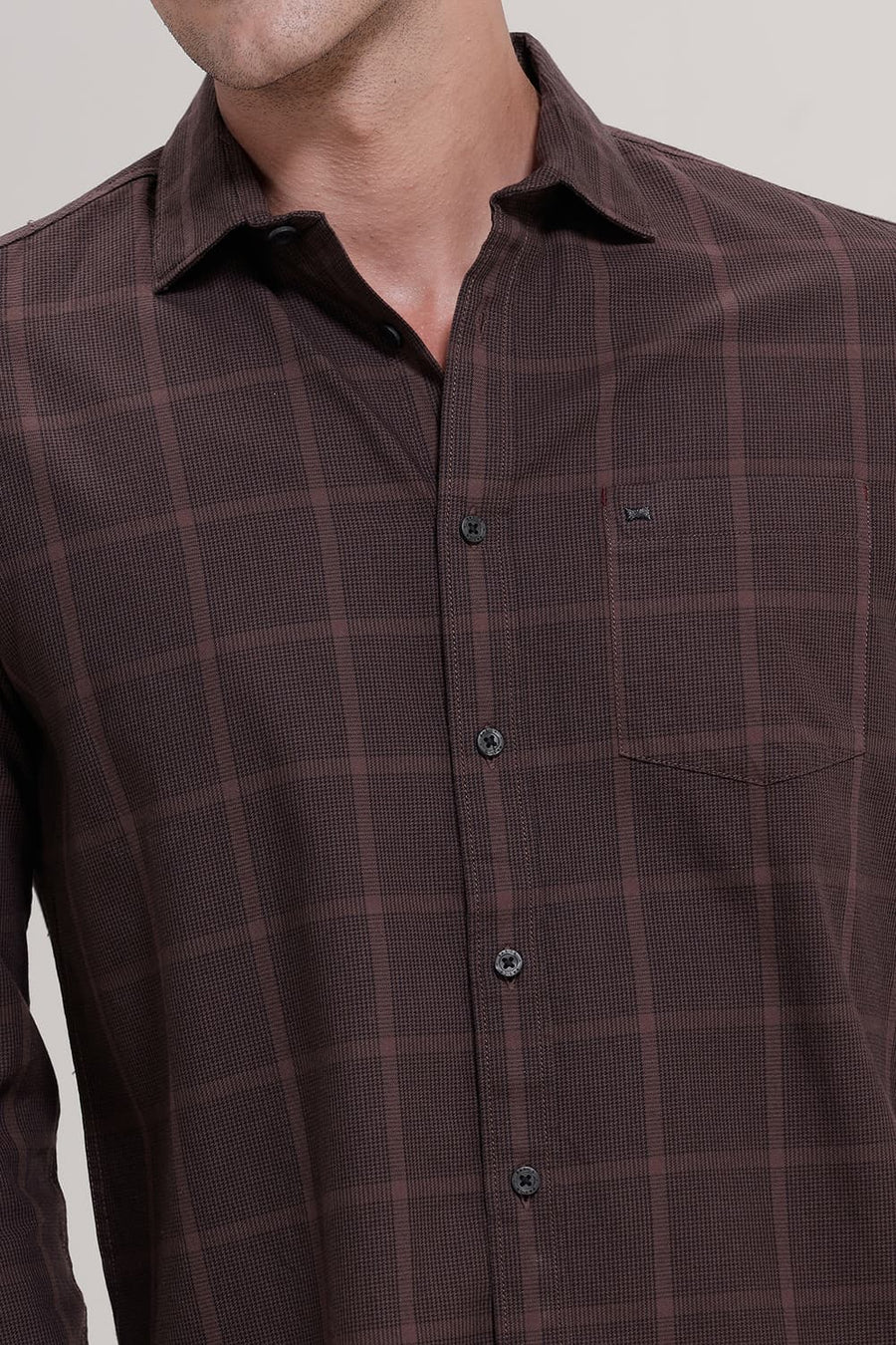 BASICS SLIM FIT FUDGY MAROON TWILL CHECKS SHIRT