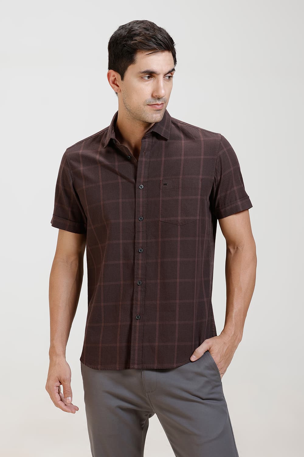 SLIM FIT TWILL CHECKS HALFSLEEVES SHIRT