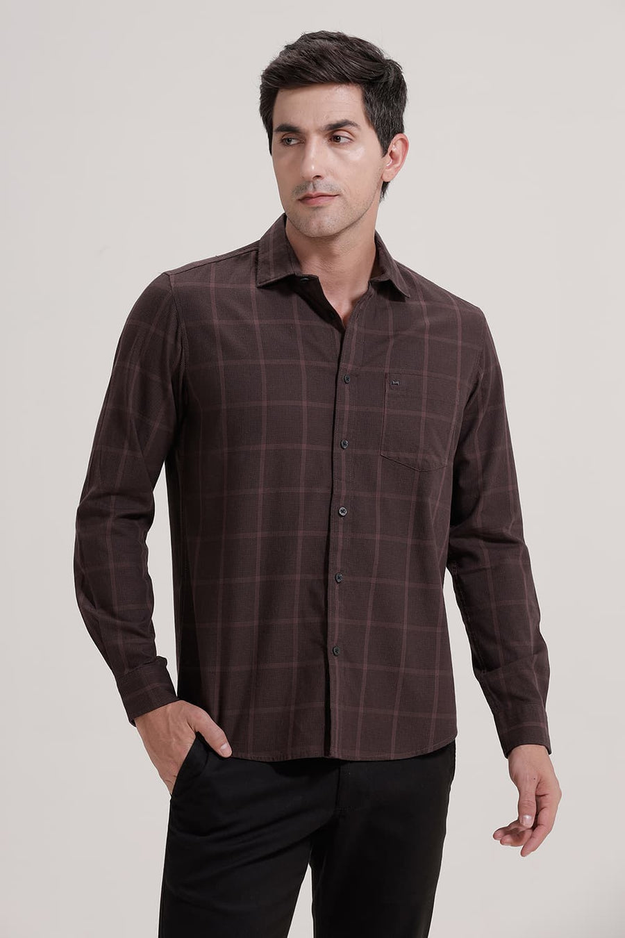 BASICS SLIM FIT FUDGY MAROON TWILL CHECKS SHIRT