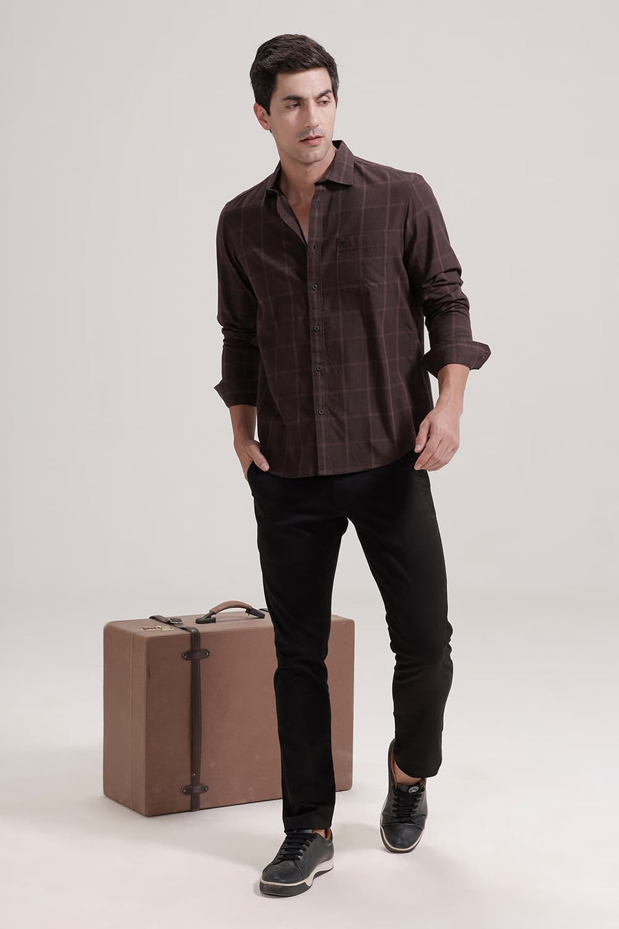 BASICS SLIM FIT FUDGY MAROON TWILL CHECKS SHIRT