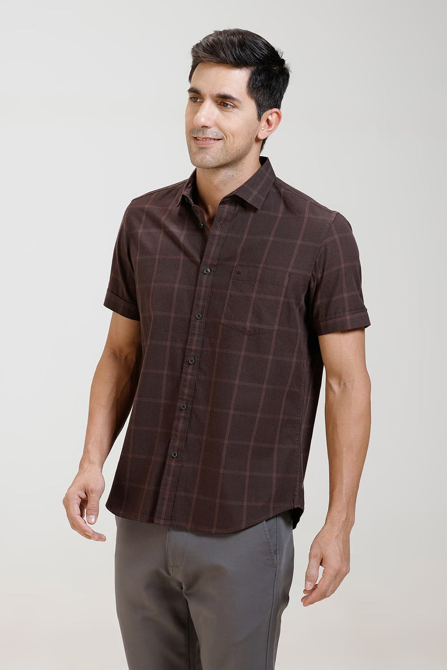 BASICS SLIM FIT FUDGY MAROON TWILL CHECKS HALFSLEEVES SHIRT