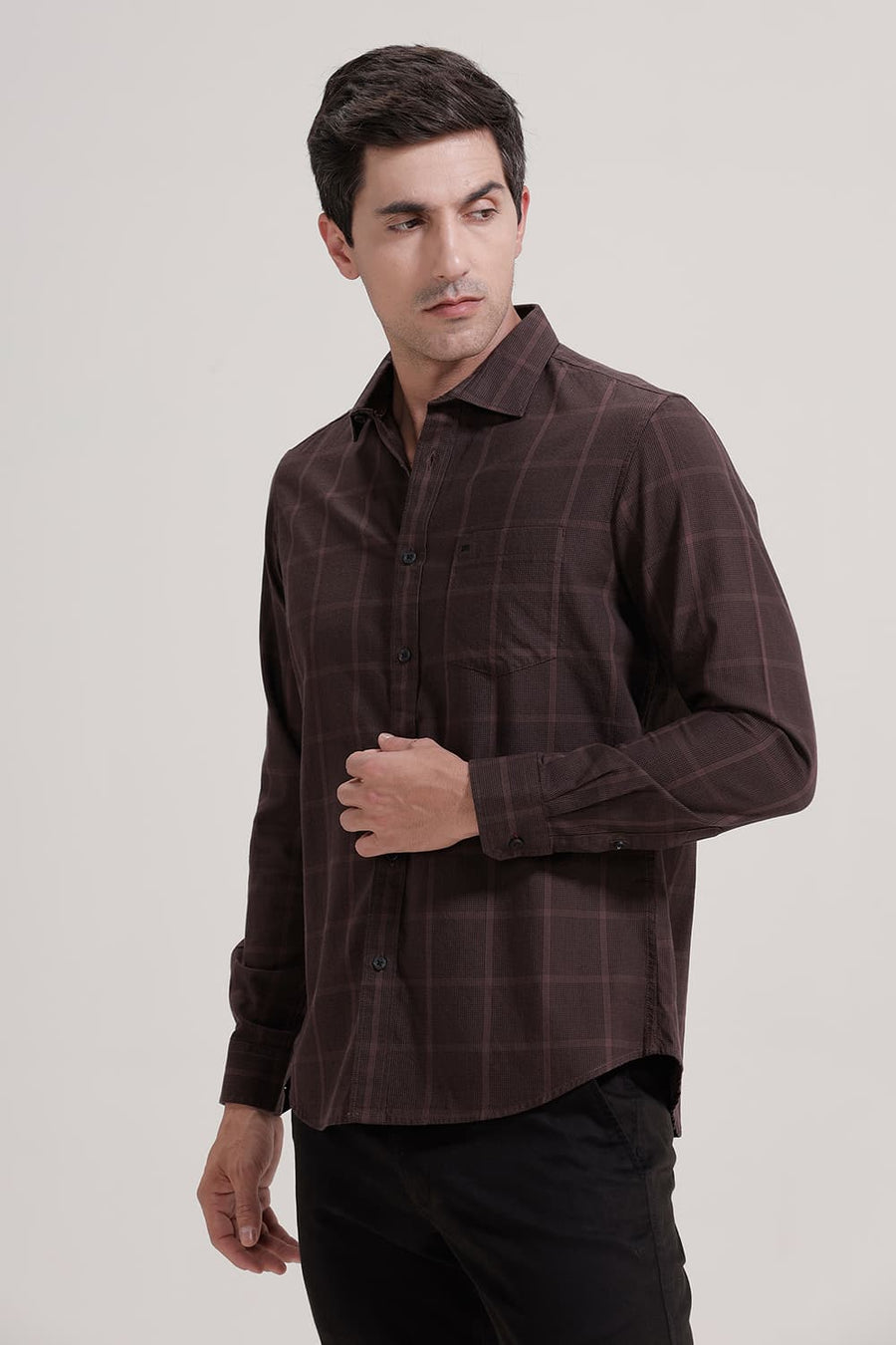 BASICS SLIM FIT FUDGY MAROON TWILL CHECKS SHIRT