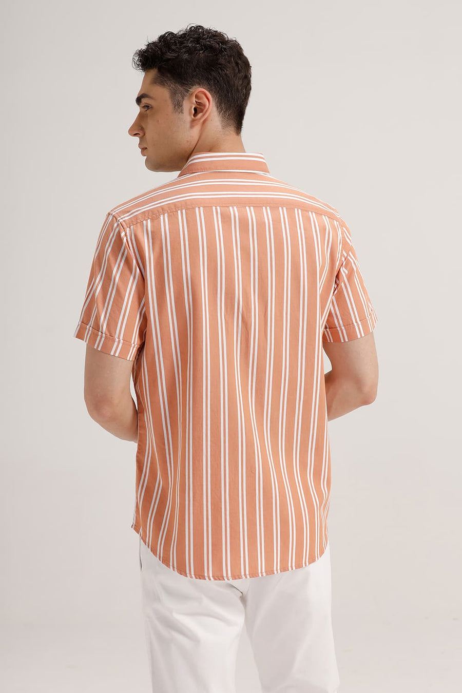 BASICS SLIM FIT SANDSTONE ORANGE TWILL STRIPE HALFSLEEVES SHIRT