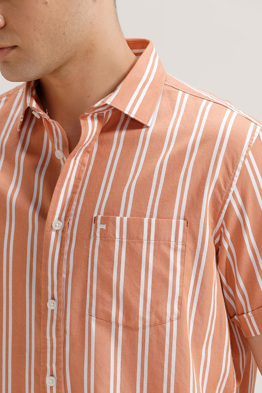 BASICS SLIM FIT SANDSTONE ORANGE TWILL STRIPE HALFSLEEVES SHIRT