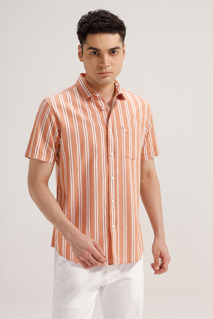 BASICS SLIM FIT SANDSTONE ORANGE TWILL STRIPE HALFSLEEVES SHIRT
