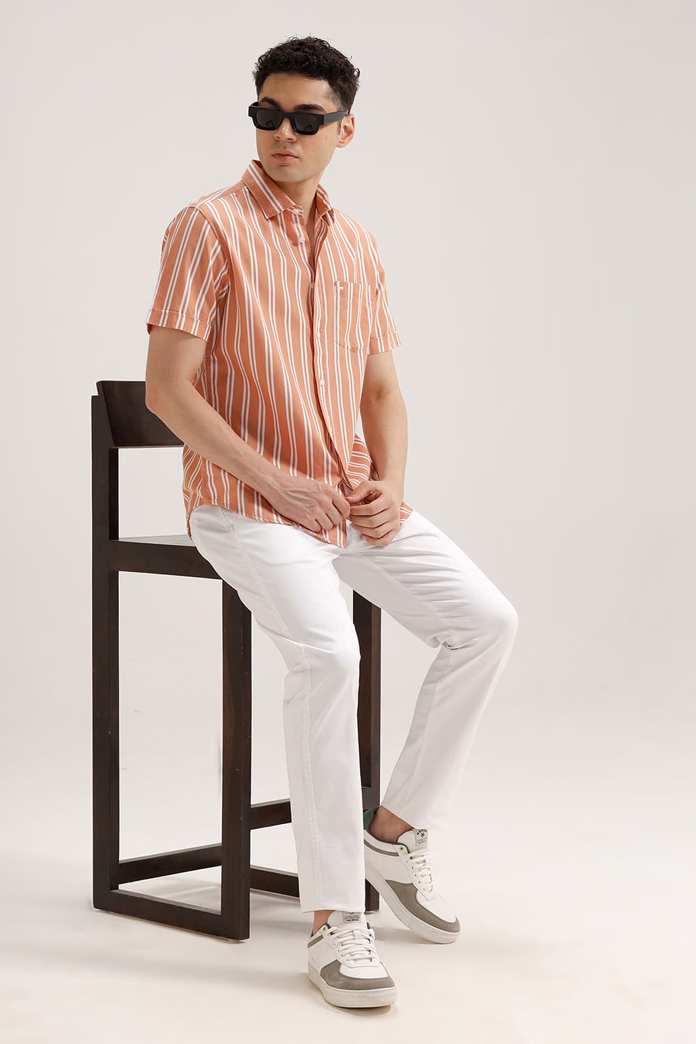 SLIM FIT TWILL STRIPE HALFSLEEVES SHIRT