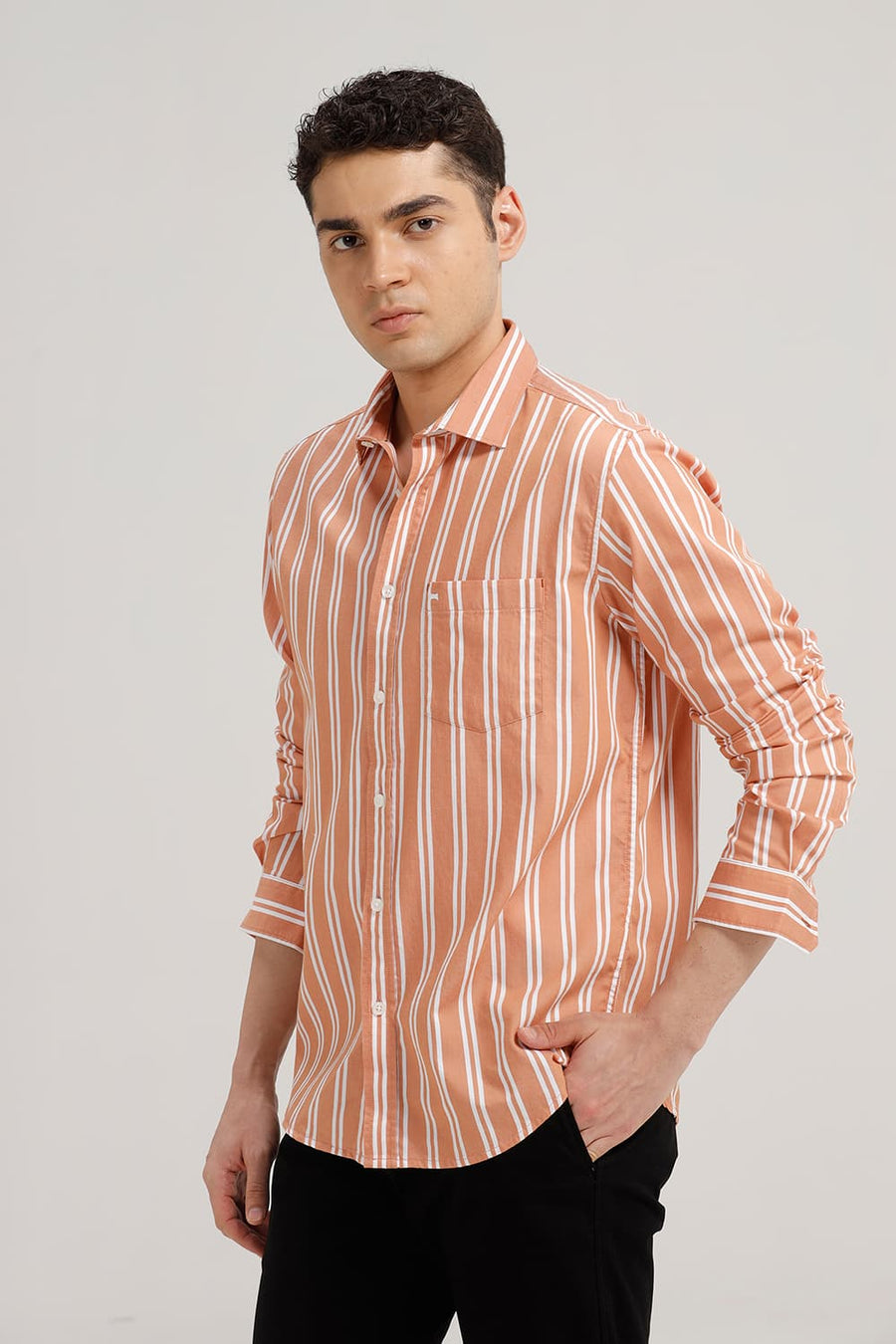 BASICS SLIM FIT SANDSTONE ORANGE TWILL STRIPE SHIRT