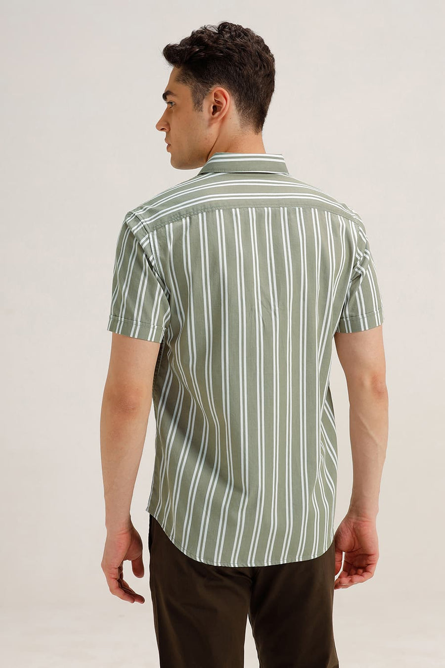 BASICS SLIM FIT OLIVE DUNE TWILL STRIPE HALFSLEEVES SHIRT