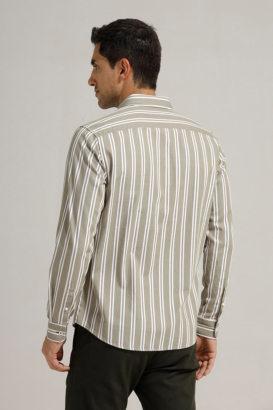 BASICS SLIM FIT OLIVE DUNE TWILL STRIPE SHIRT
