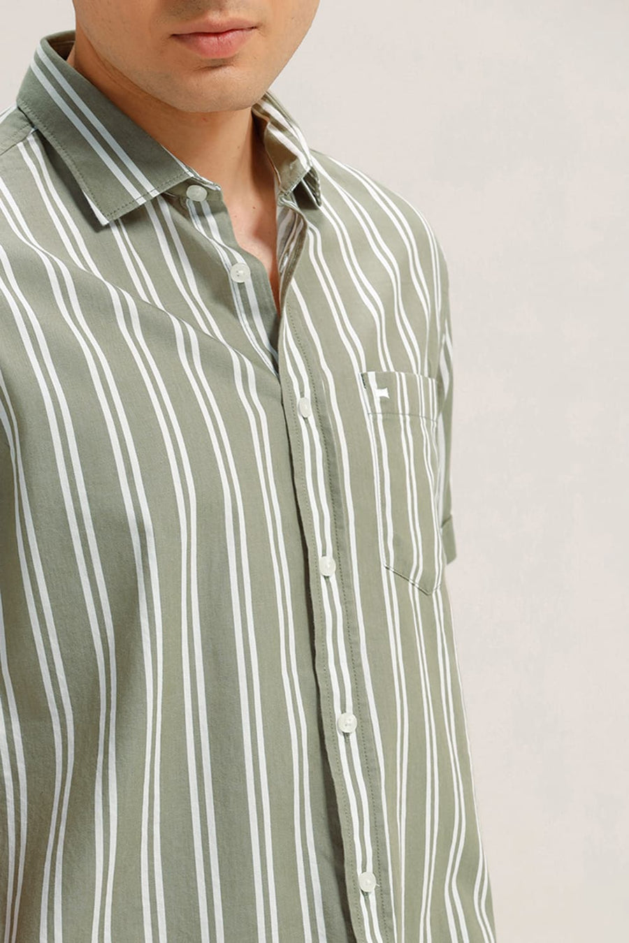 BASICS SLIM FIT OLIVE DUNE TWILL STRIPE HALFSLEEVES SHIRT