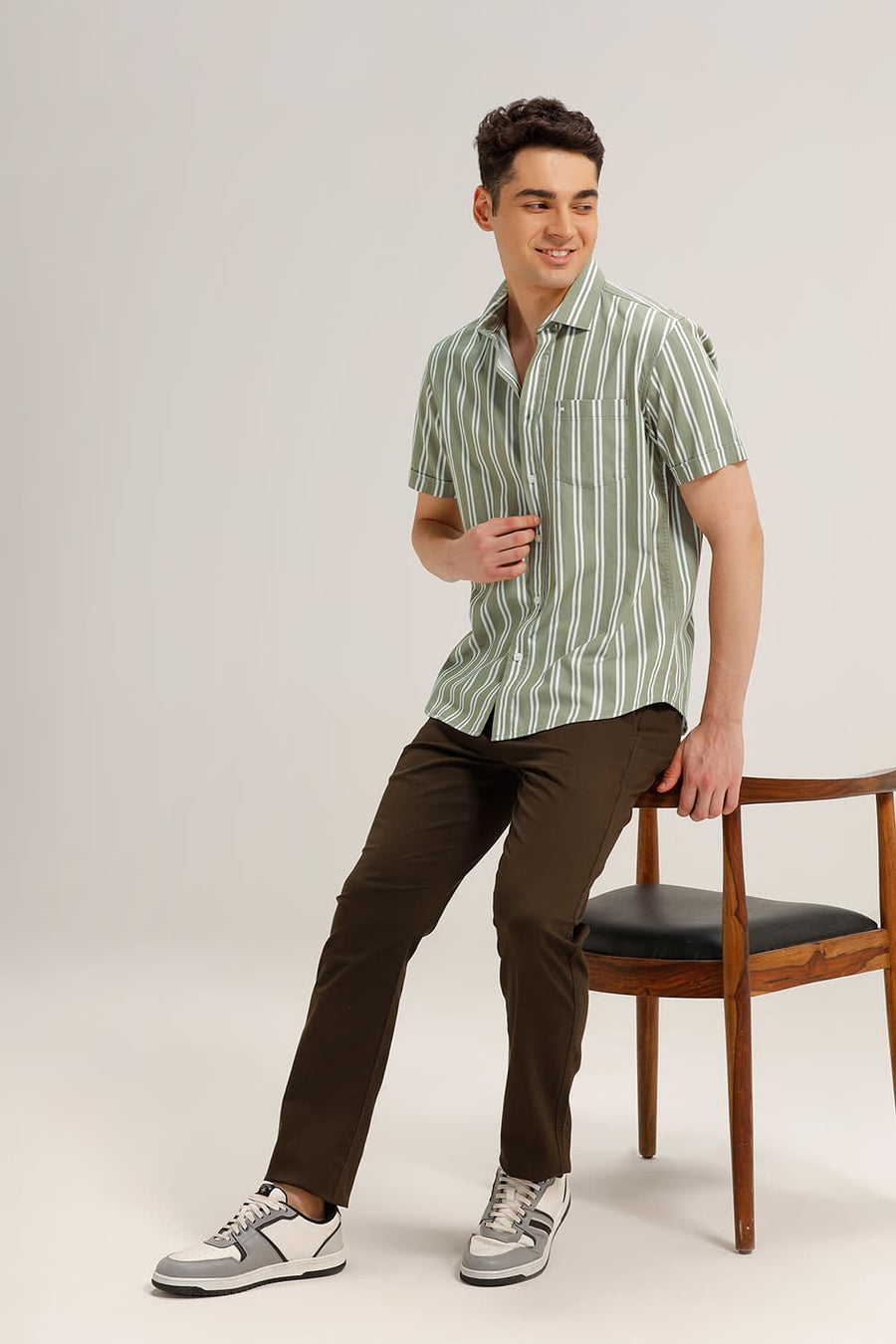 BASICS SLIM FIT OLIVE DUNE TWILL STRIPE HALFSLEEVES SHIRT