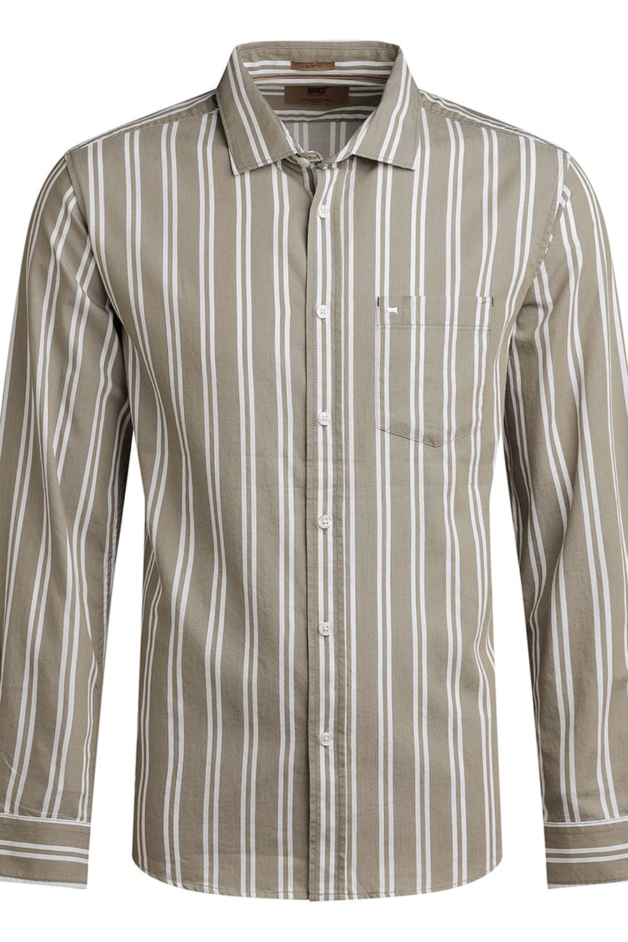 BASICS SLIM FIT OLIVE DUNE TWILL STRIPE SHIRT