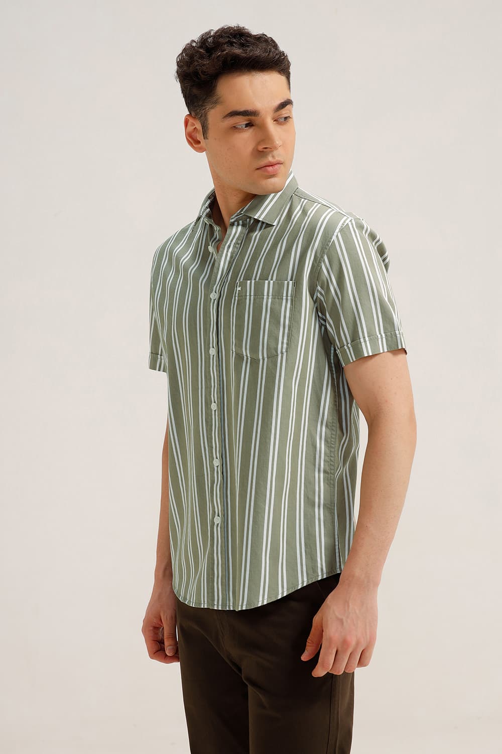 SLIM FIT TWILL STRIPE HALFSLEEVES SHIRT