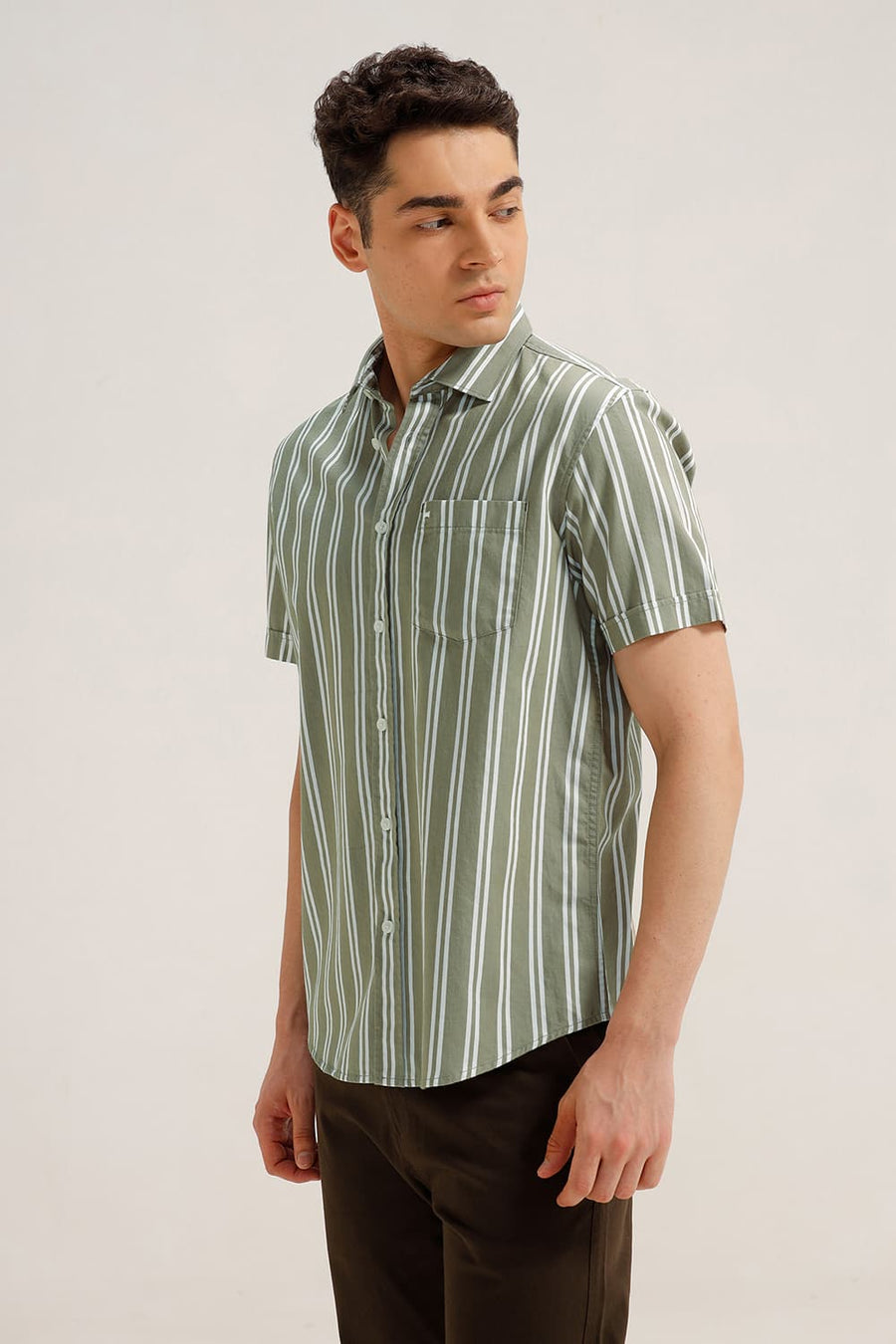 BASICS SLIM FIT OLIVE DUNE TWILL STRIPE HALFSLEEVES SHIRT