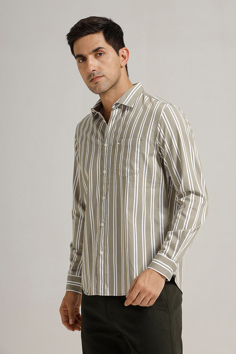 BASICS SLIM FIT OLIVE DUNE TWILL STRIPE SHIRT