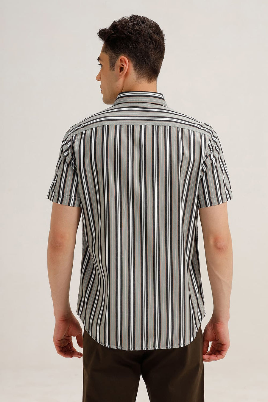 BASICS SLIM FIT JADE GREEN COTTON STRIPE HALFSLEEVES SHIRT
