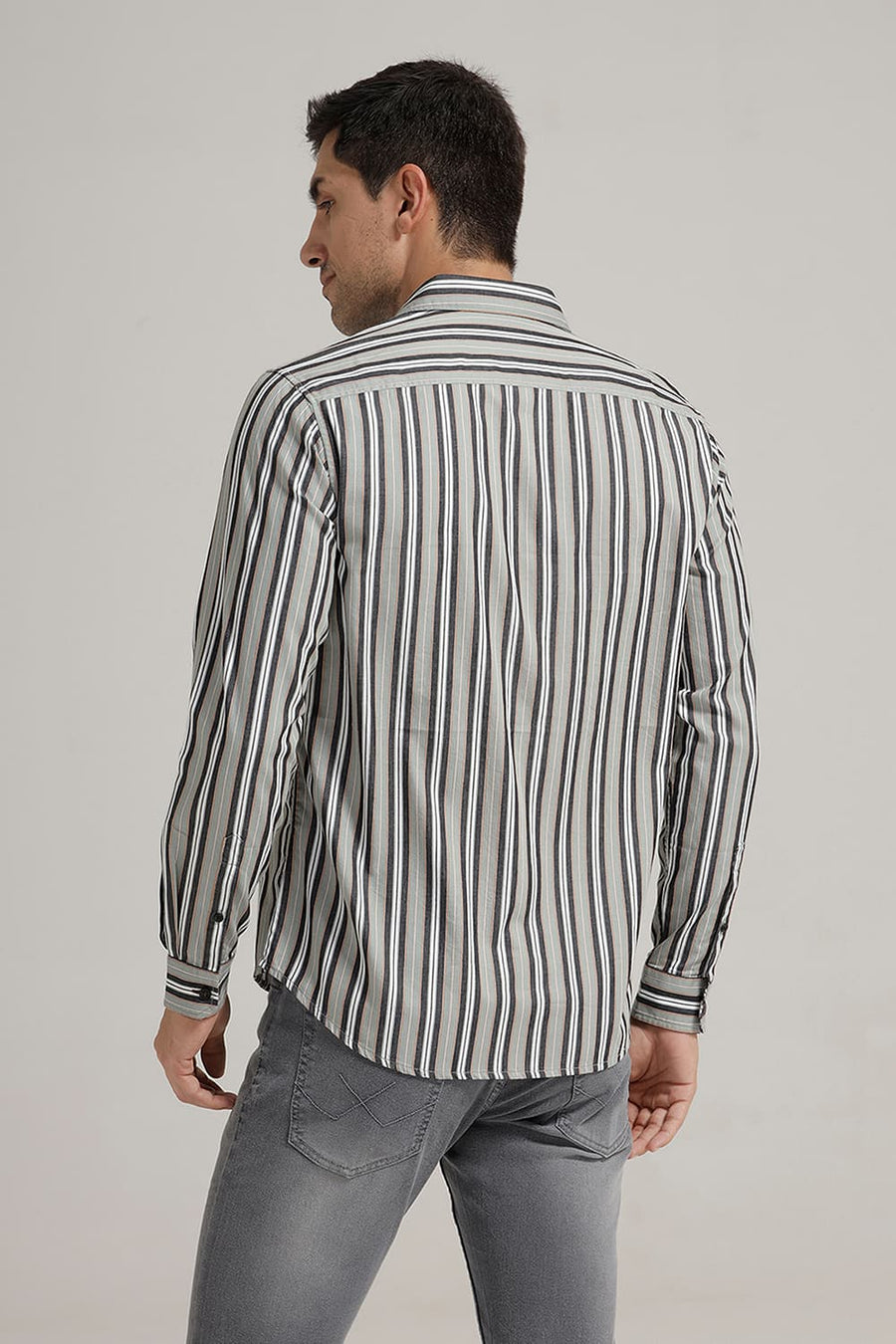 BASICS SLIM FIT JADE GREEN COTTON STRIPE SHIRT