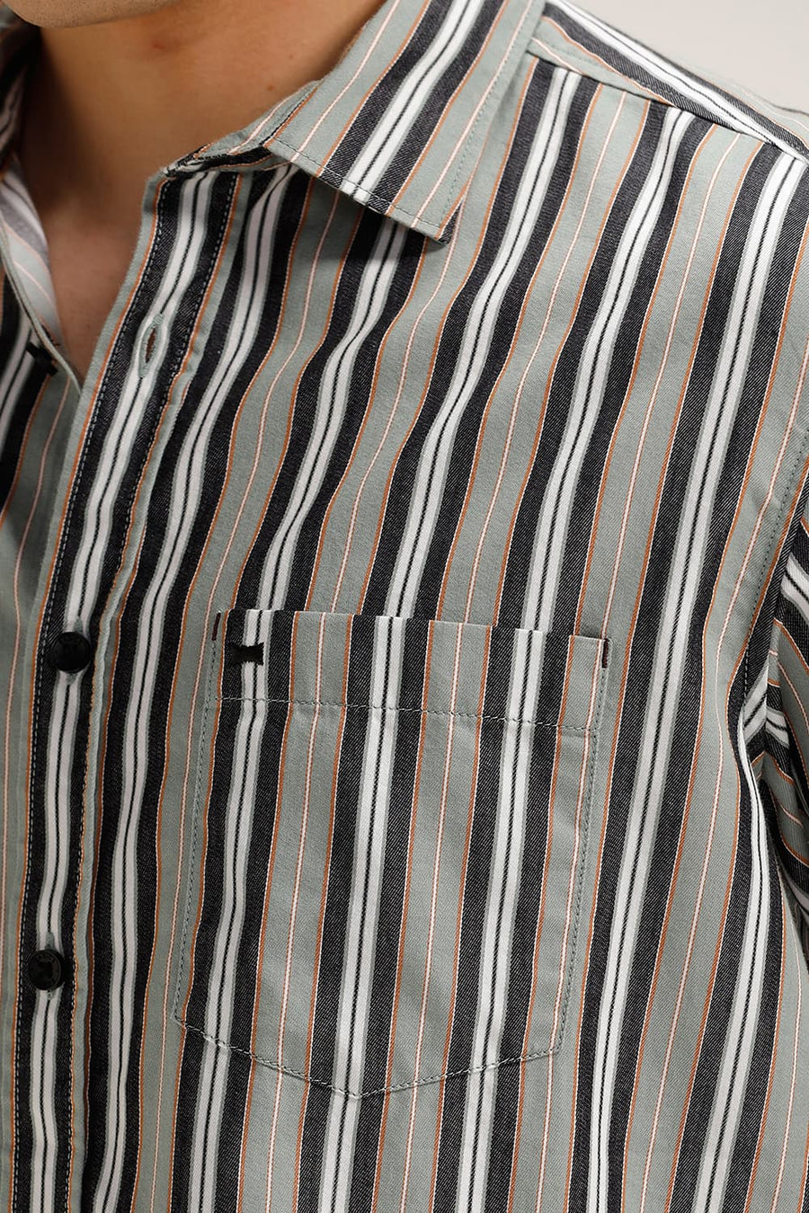 BASICS SLIM FIT JADE GREEN COTTON STRIPE HALFSLEEVES SHIRT