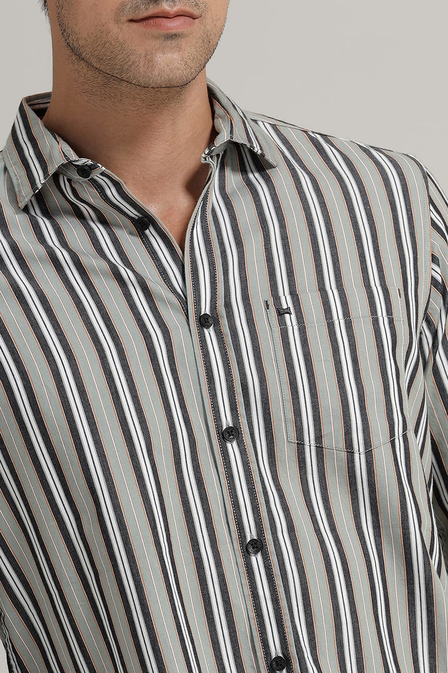 BASICS SLIM FIT JADE GREEN COTTON STRIPE SHIRT