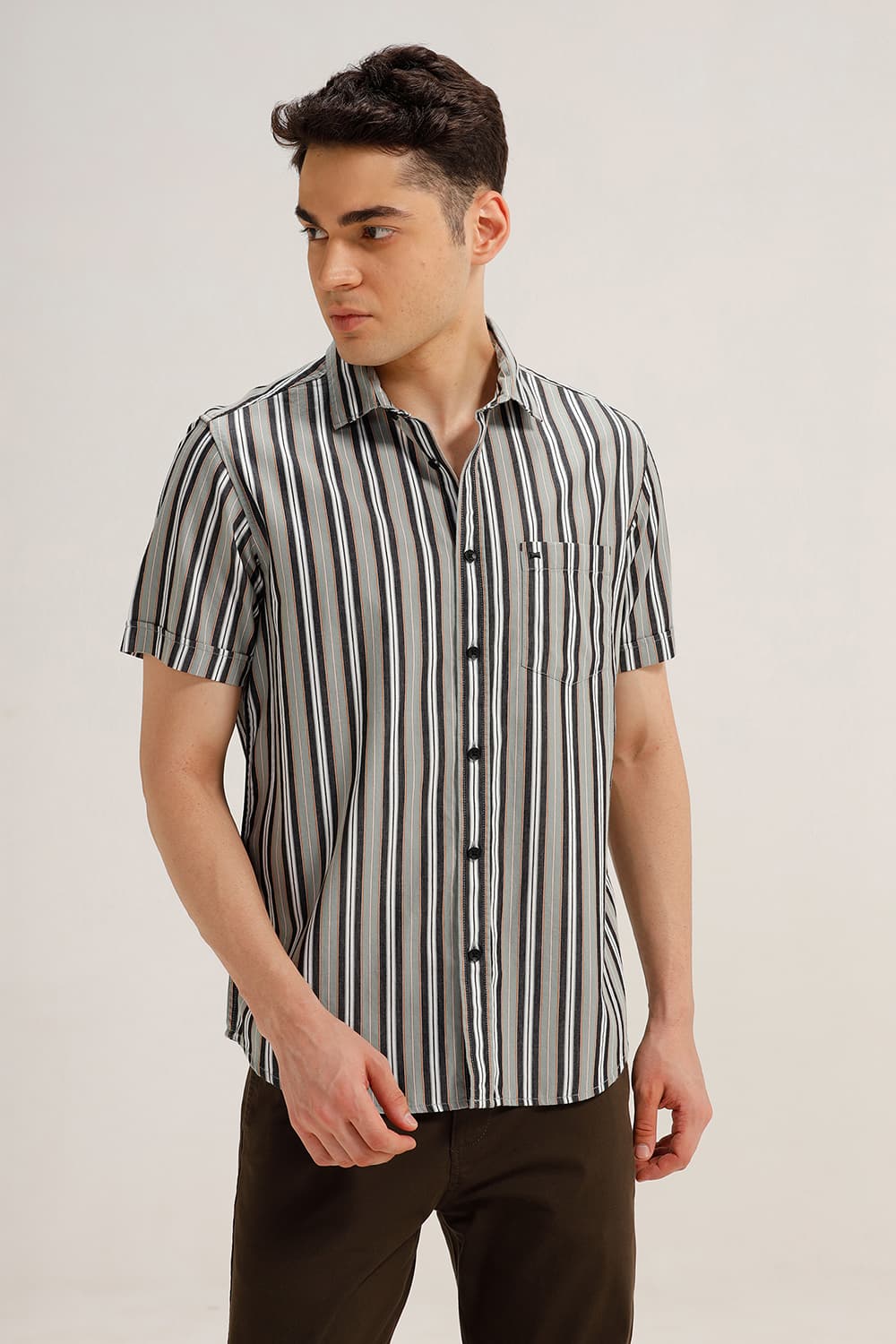SLIM FIT COTTON STRIPE HALFSLEEVES SHIRT