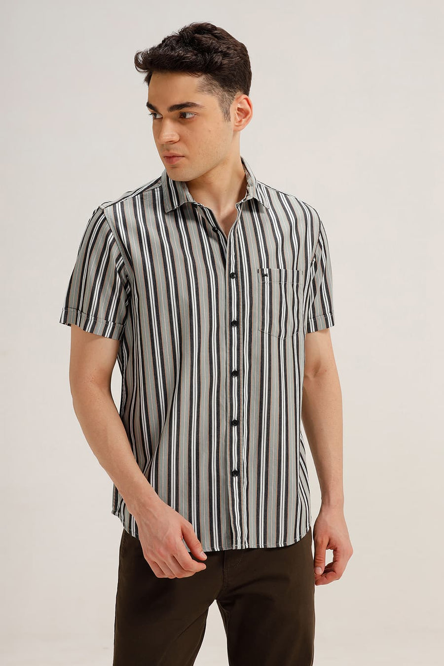 BASICS SLIM FIT JADE GREEN COTTON STRIPE HALFSLEEVES SHIRT