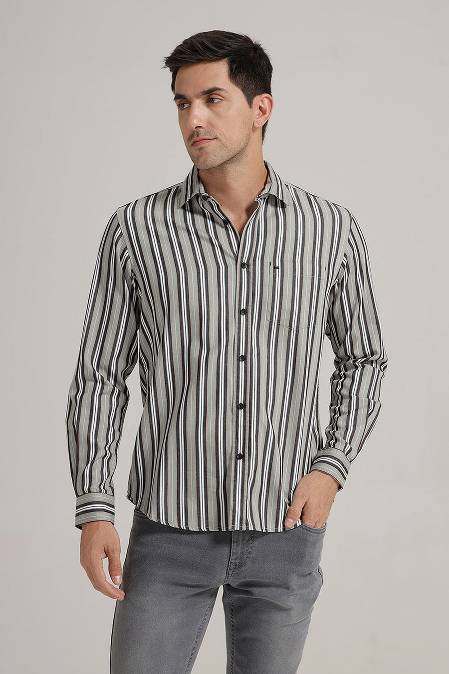 BASICS SLIM FIT JADE GREEN COTTON STRIPE SHIRT