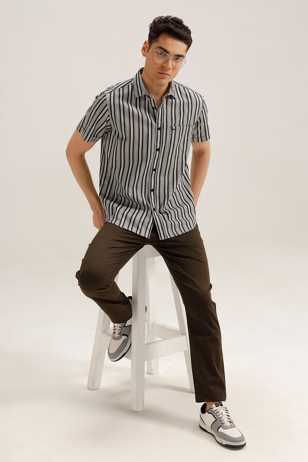 SLIM FIT COTTON STRIPE HALFSLEEVES SHIRT