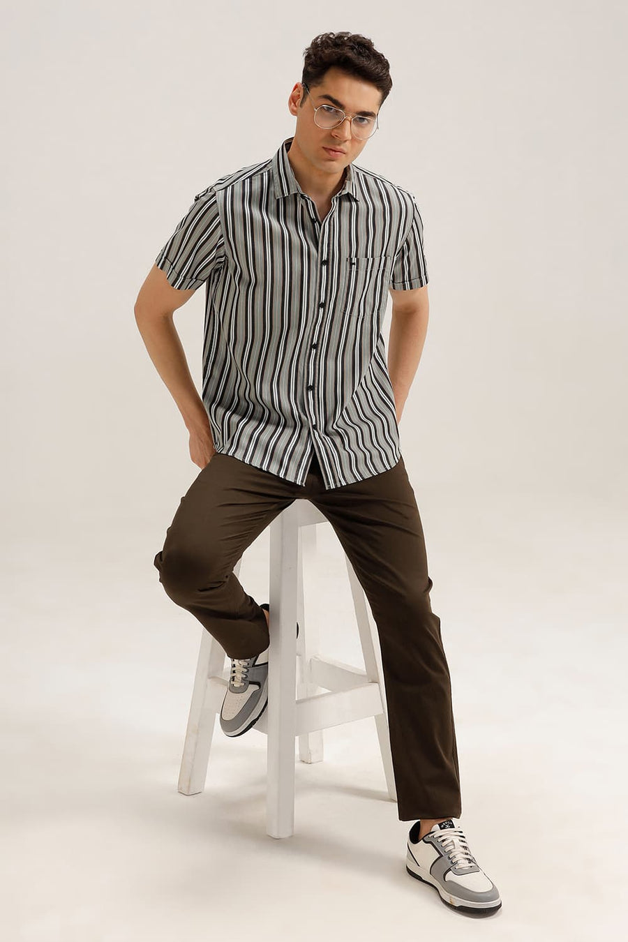 BASICS SLIM FIT JADE GREEN COTTON STRIPE HALFSLEEVES SHIRT