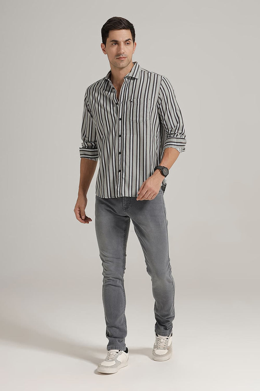 BASICS SLIM FIT JADE GREEN COTTON STRIPE SHIRT