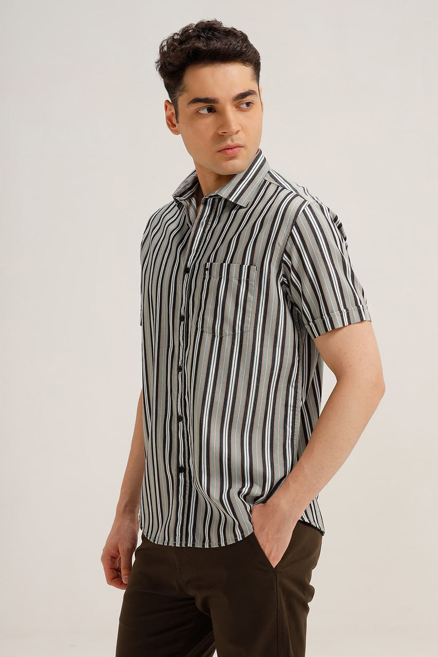 BASICS SLIM FIT JADE GREEN COTTON STRIPE HALFSLEEVES SHIRT