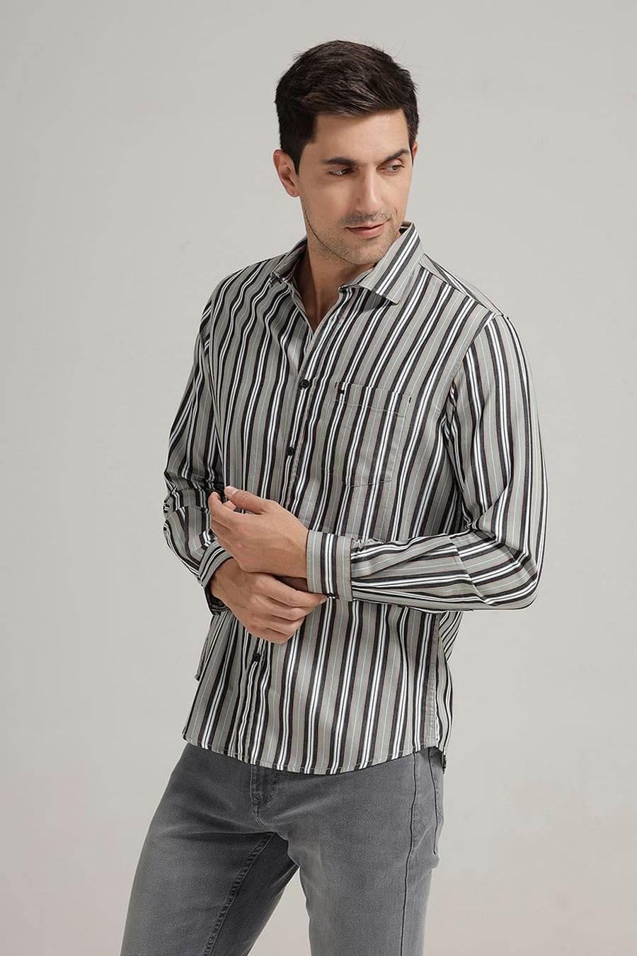 BASICS SLIM FIT JADE GREEN COTTON STRIPE SHIRT