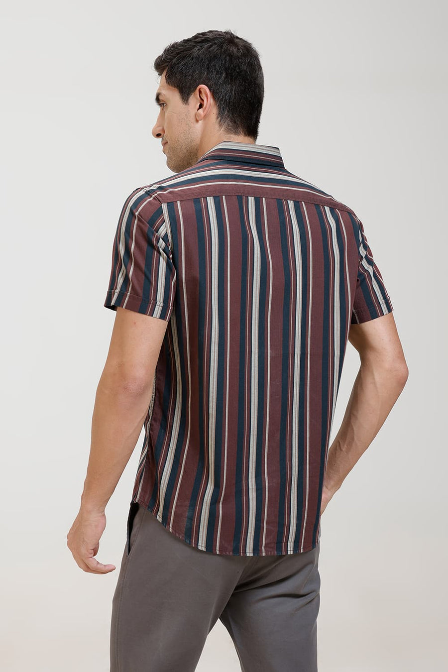 BASICS SLIM FIT TOASTED MAROON COTTON HERRING BONE STRIPE HALFSLEEVES SHIRT