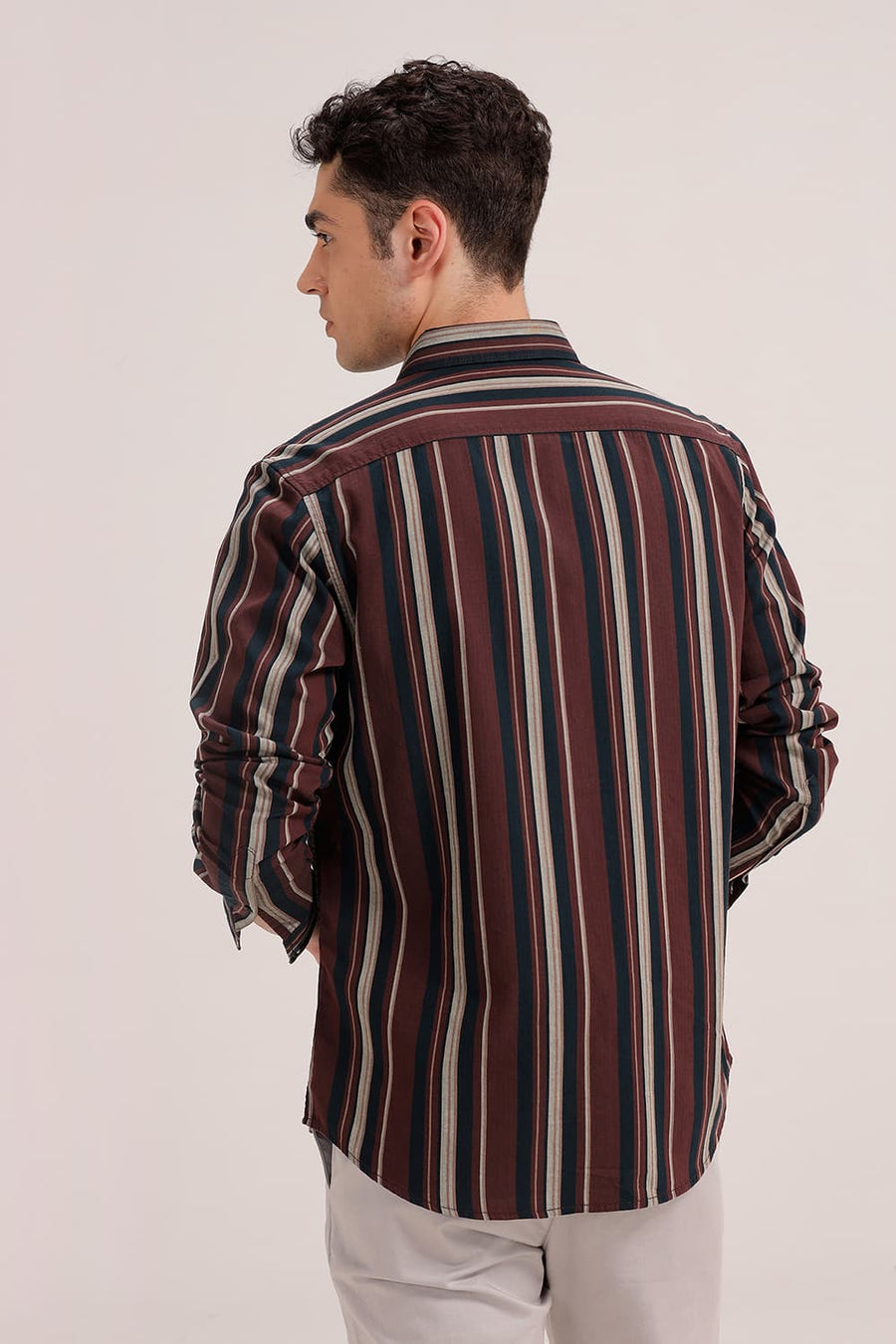 BASICS SLIM FIT TOASTED MAROON COTTON HERRING BONE STRIPE SHIRT