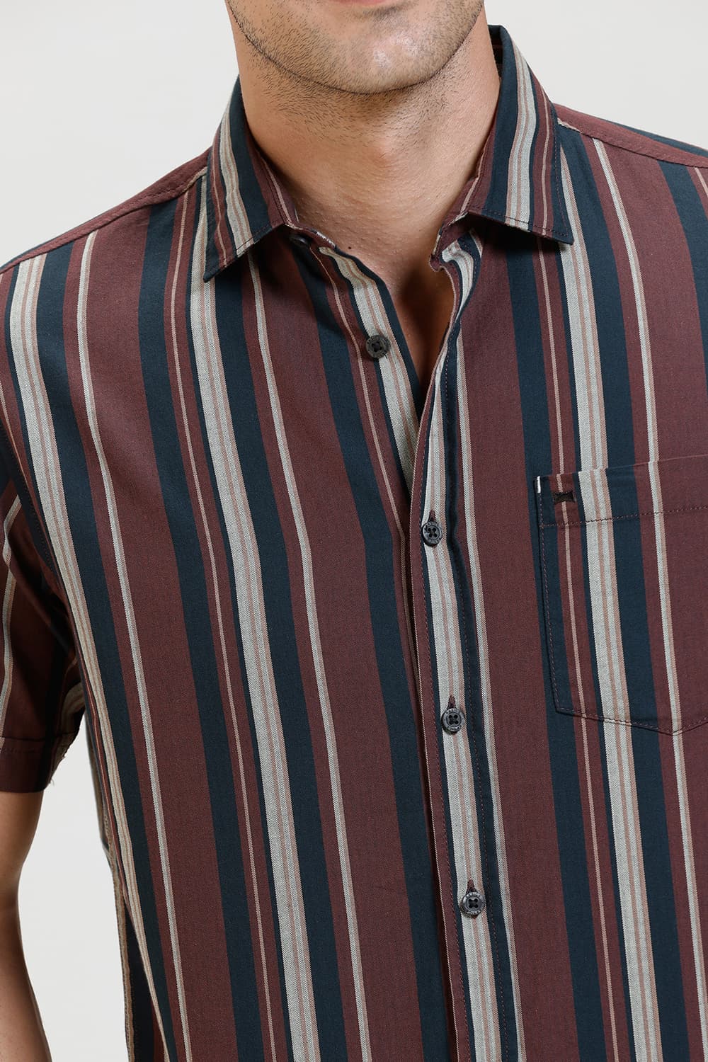 SLIM FIT COTTON HERRING BONE STRIPE HALFSLEEVES SHIRT