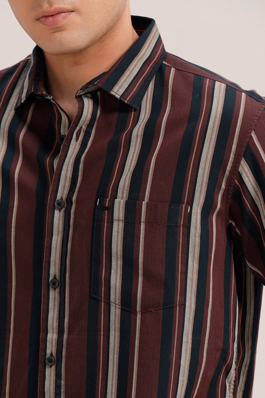 BASICS SLIM FIT TOASTED MAROON COTTON HERRING BONE STRIPE SHIRT