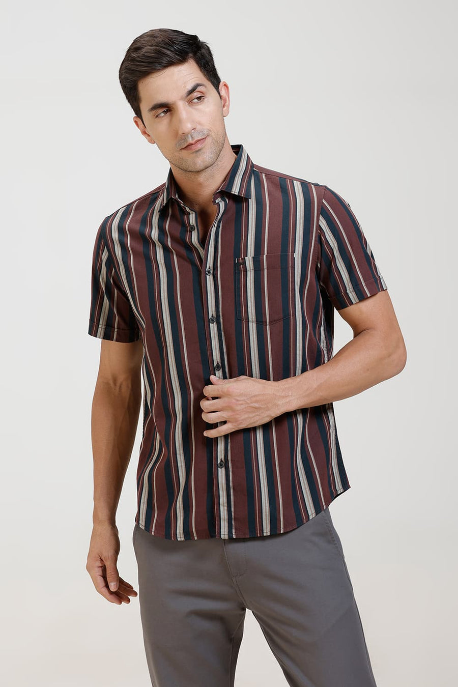 BASICS SLIM FIT TOASTED MAROON COTTON HERRING BONE STRIPE HALFSLEEVES SHIRT