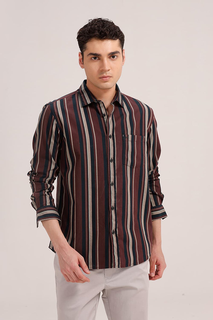 BASICS SLIM FIT TOASTED MAROON COTTON HERRING BONE STRIPE SHIRT