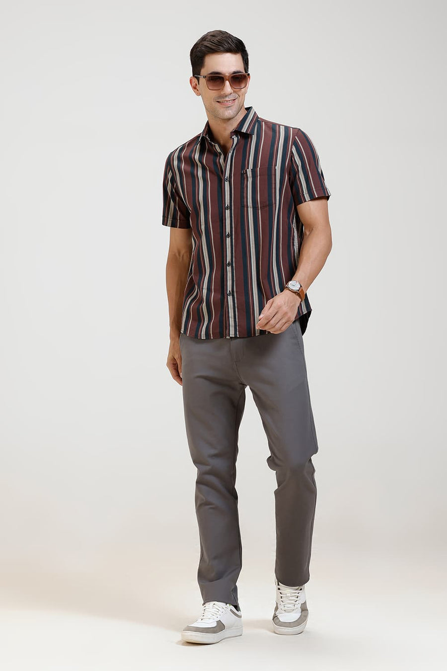 BASICS SLIM FIT TOASTED MAROON COTTON HERRING BONE STRIPE HALFSLEEVES SHIRT