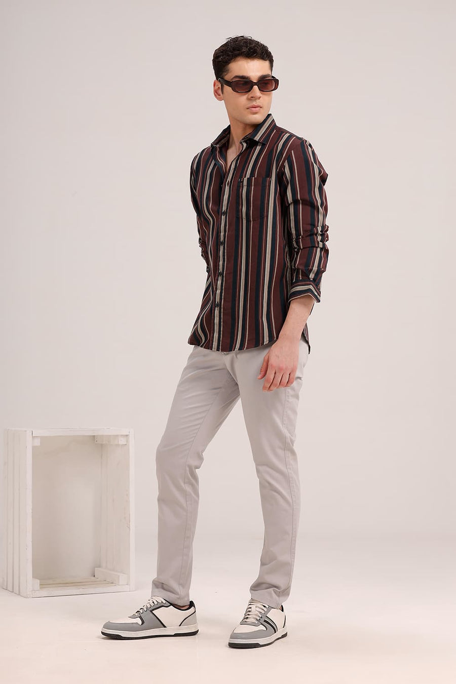 BASICS SLIM FIT TOASTED MAROON COTTON HERRING BONE STRIPE SHIRT