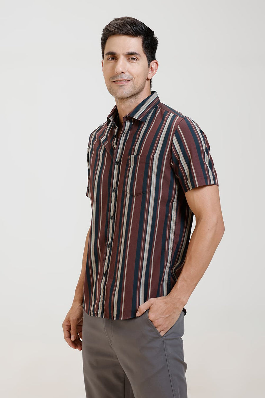 BASICS SLIM FIT TOASTED MAROON COTTON HERRING BONE STRIPE HALFSLEEVES SHIRT