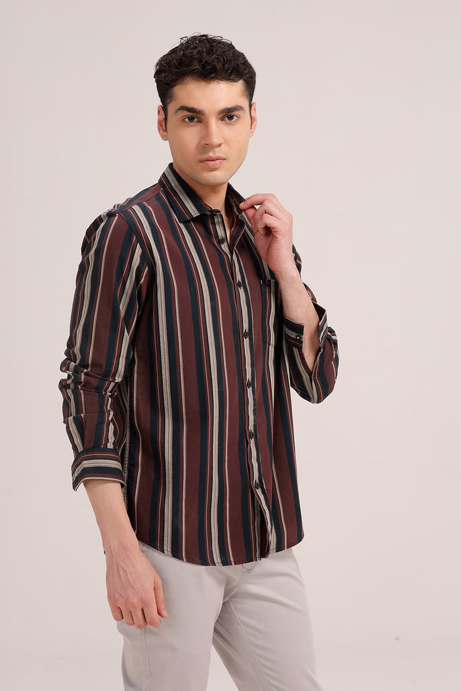 BASICS SLIM FIT TOASTED MAROON COTTON HERRING BONE STRIPE SHIRT