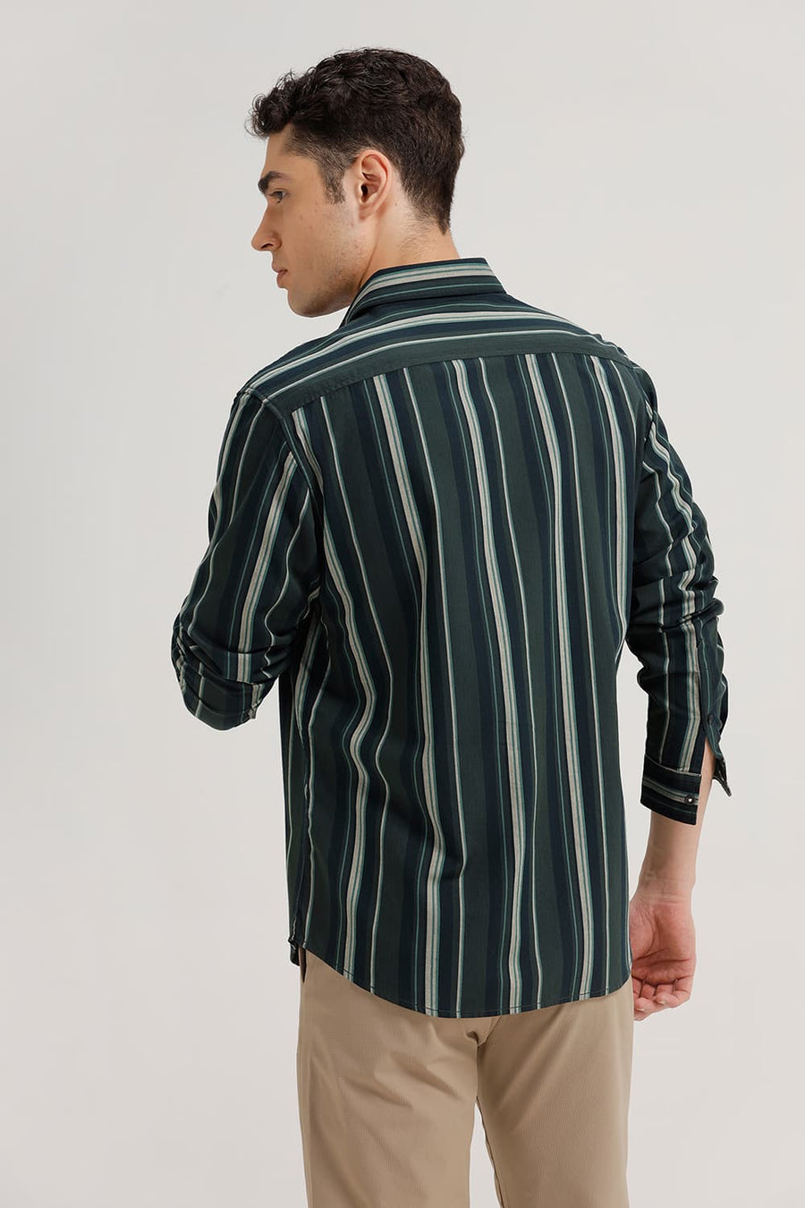 BASICS SLIM FIT MOUNTAIN GREEN COTTON HERRING BONE STRIPE SHIRT