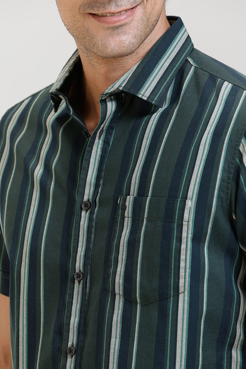 SLIM FIT COTTON HERRING BONE STRIPE HALFSLEEVES SHIRT