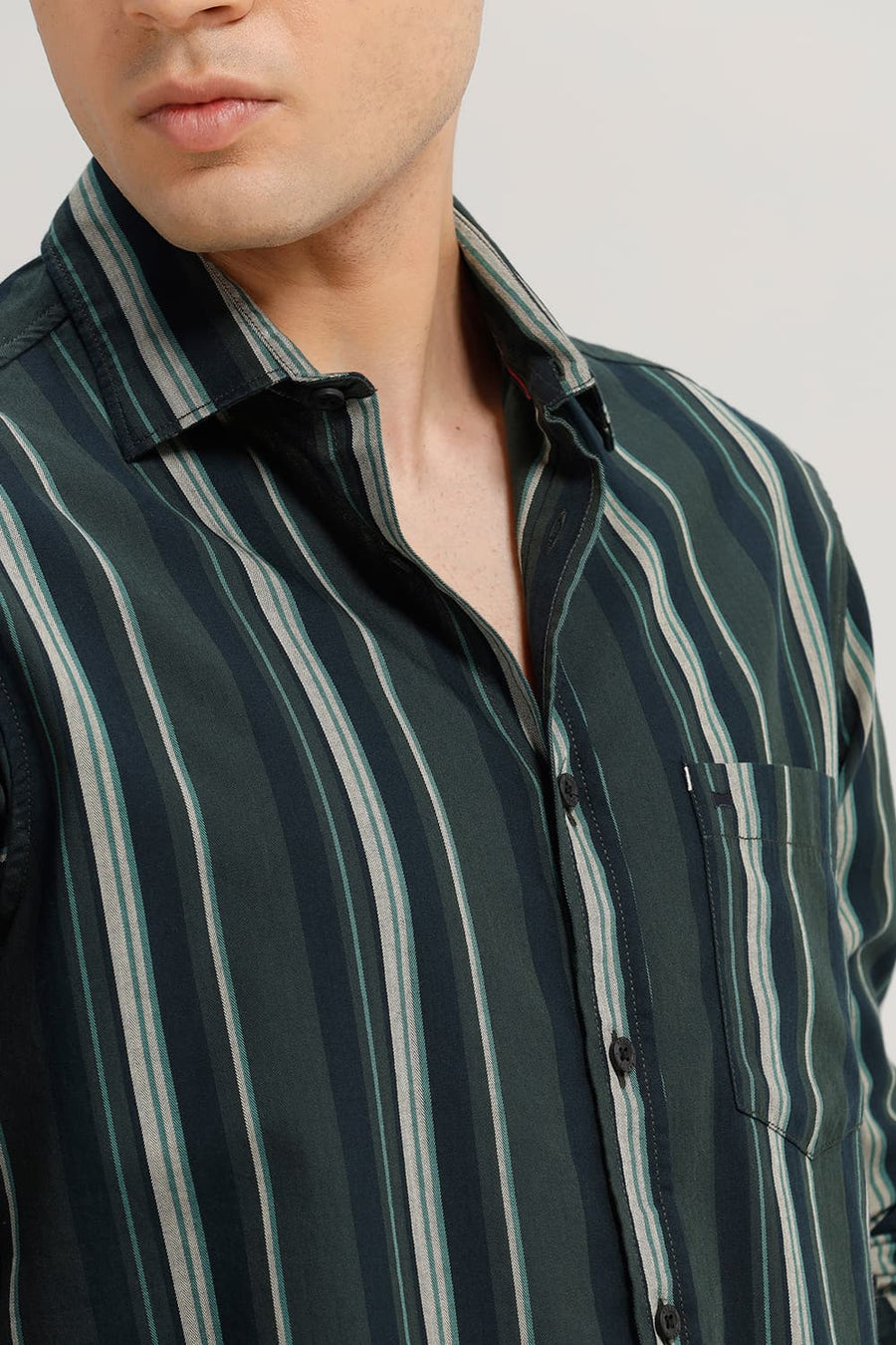 BASICS SLIM FIT MOUNTAIN GREEN COTTON HERRING BONE STRIPE SHIRT