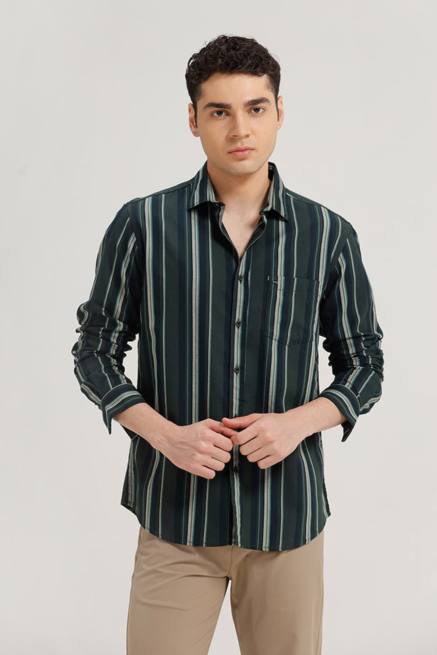 BASICS SLIM FIT MOUNTAIN GREEN COTTON HERRING BONE STRIPE SHIRT